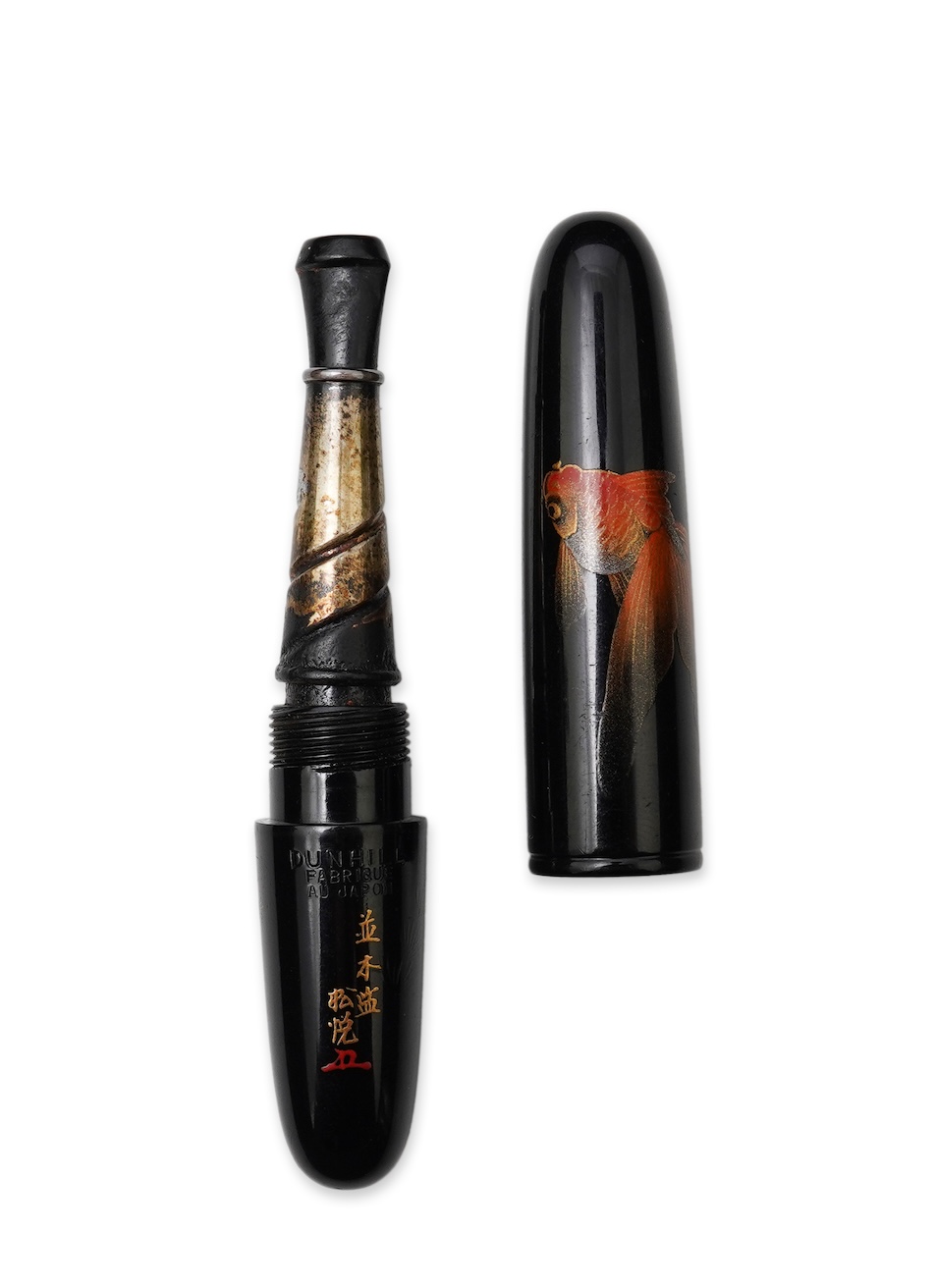 Rare Dunhill Namiki Lacquer concealed cigarette holder with goldfish design and artist's signature, made in Japan circa 1930s